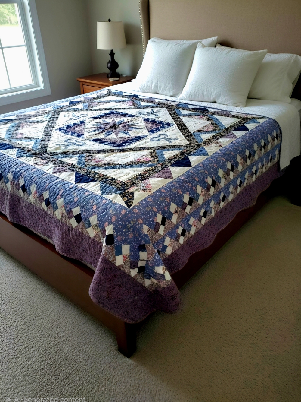 Custom handmade patchwork medallion quilt 1980's SIZE 78"×82"
